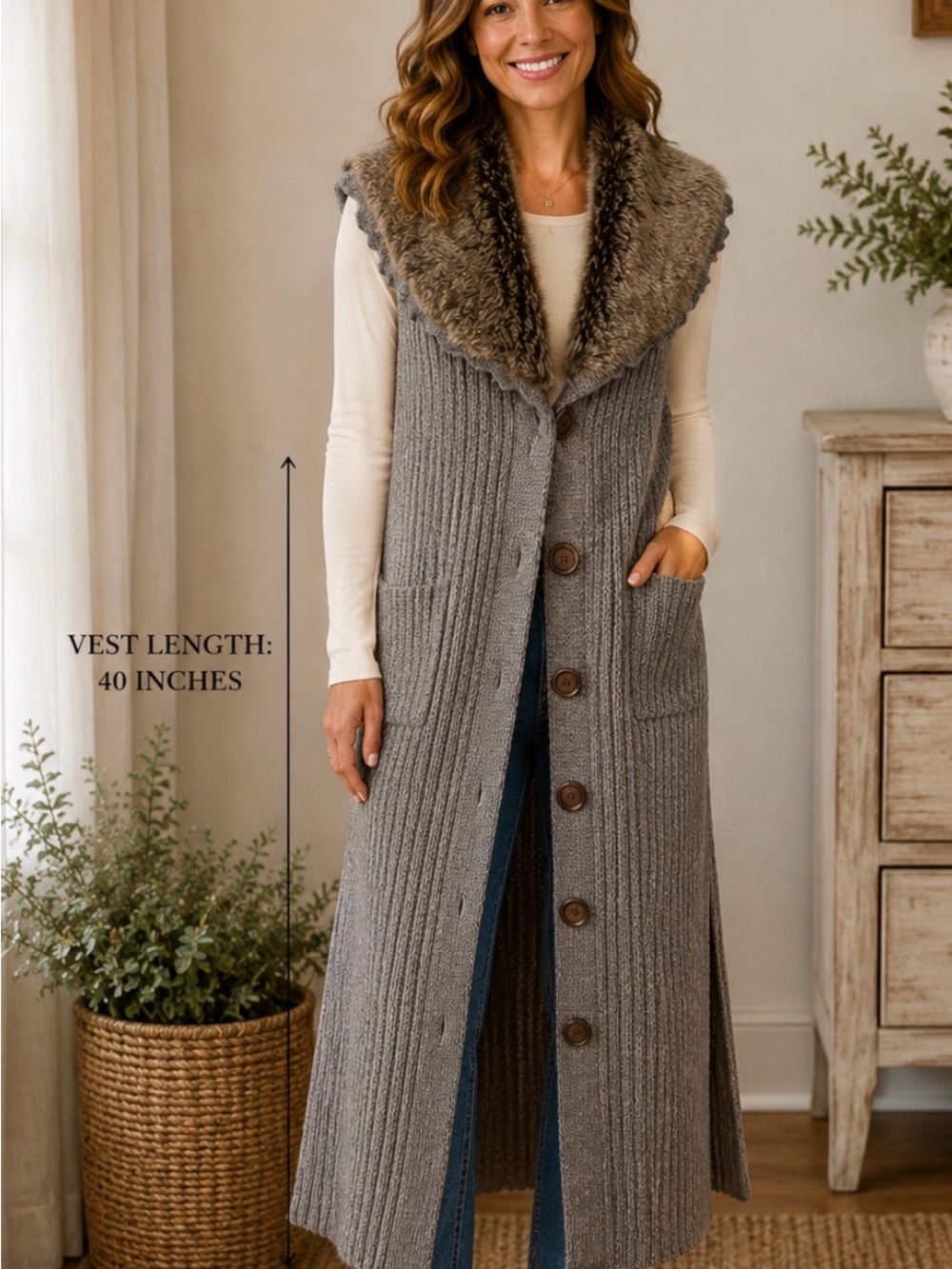 Button-Front Long Knit Vest with Faux-Fur Collar - Gray